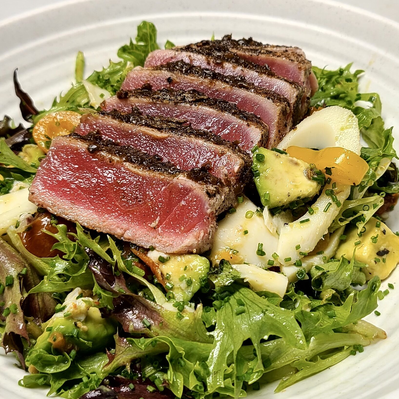closeup of salad with tuna on top